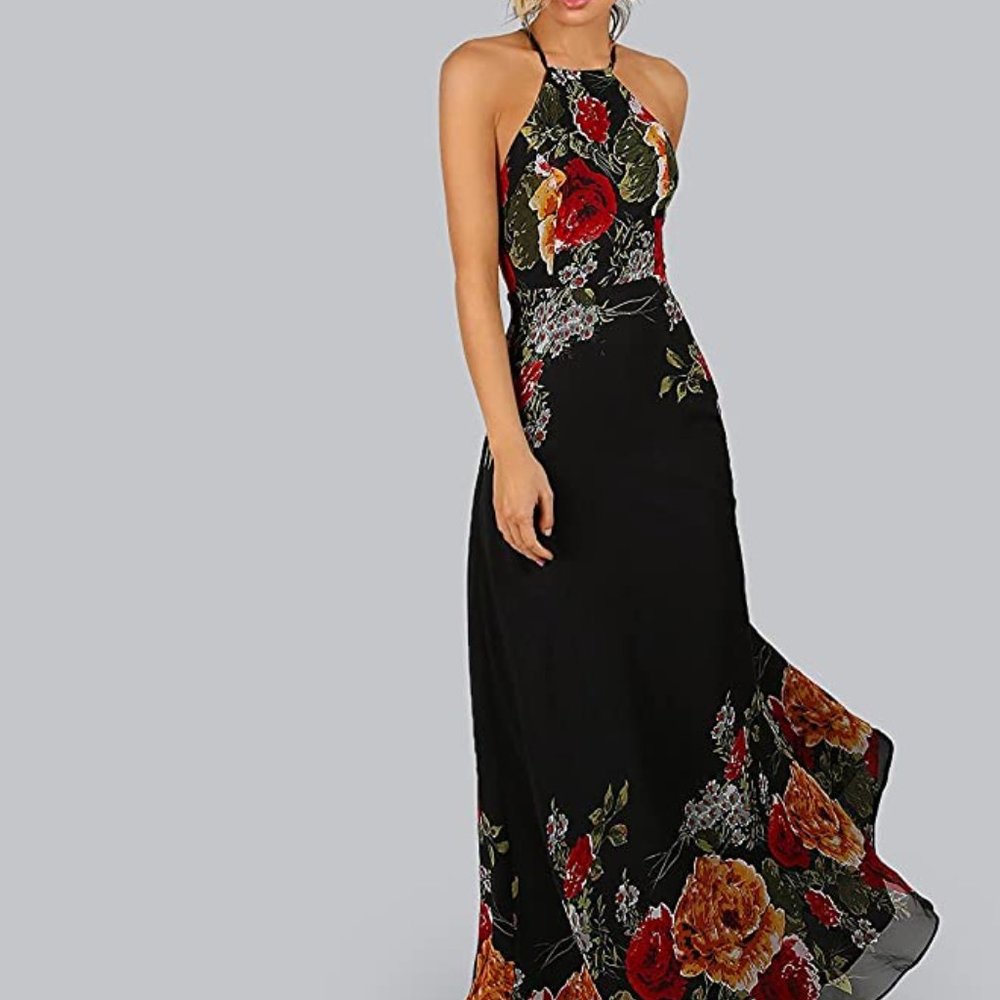 Floerns Women's Sleeveless Halter Neck Vintage Floral Print Maxi Dress (XL)